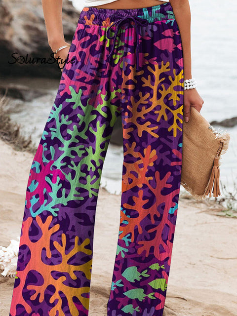 Vibrant Coral Reef Pattern Printed Women’s Cotton And Linen Casual Pants