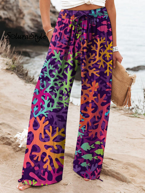 Vibrant Coral Reef Pattern Printed Women’s Cotton And Linen Casual Pants Multicolor / S