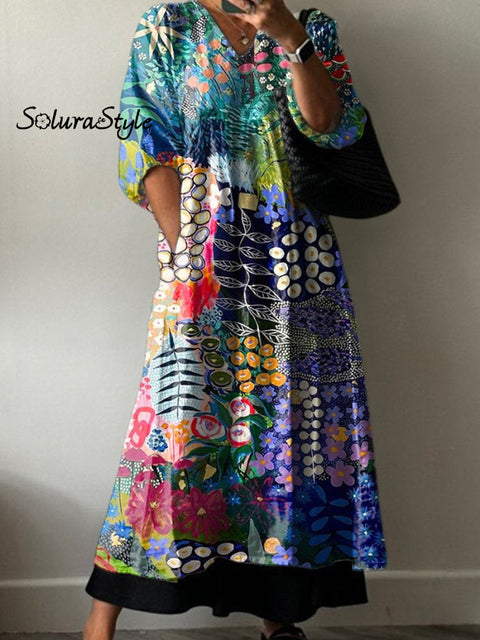 Vibrant Garden Floral Art Printed Women’s Pocket V-Neck Cotton Dress