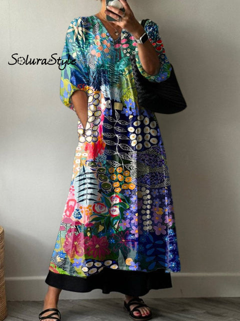 Vibrant Garden Floral Art Printed Women’s Pocket V-Neck Cotton Dress Multicolor / S