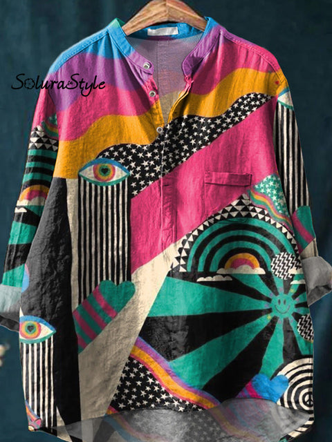 Vibrant Geometric Pattern Printed Women’s Casual Long Sleeve Comfortable Cotton Shirt