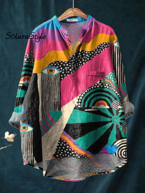Vibrant Geometric Pattern Printed Women’s Casual Long Sleeve Comfortable Cotton Shirt Multicolor / S