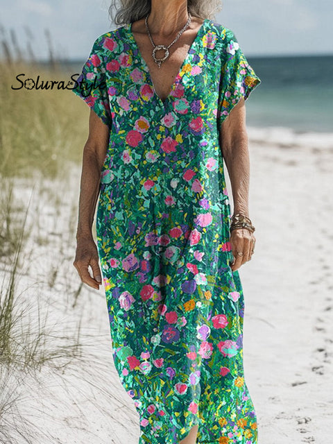 Vibrant Oil Painting Garden Floral Art Printed Women’s Pocket Cotton Dress