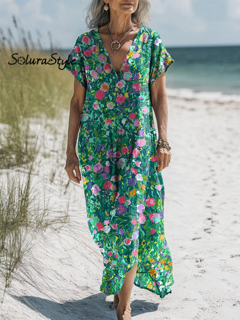 Vibrant Oil Painting Garden Floral Art Printed Women’s Pocket Cotton Dress Multicolor / S