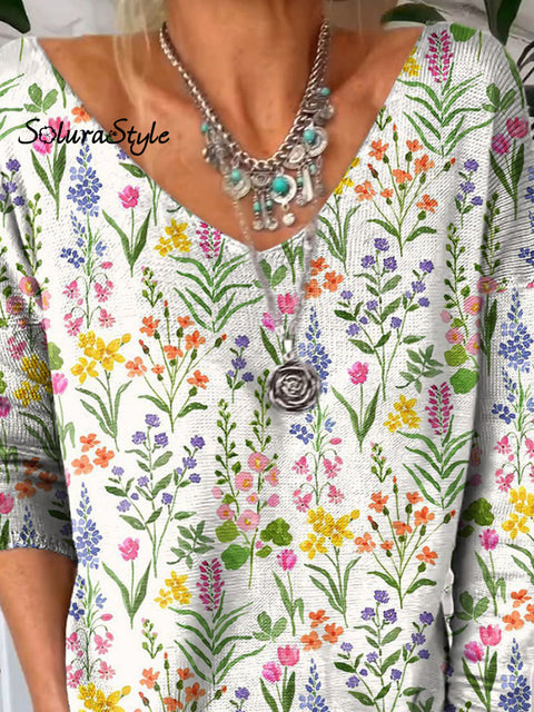 Vibrant Spring Floral Pattern Printed V-Neck Pullover Knit Top