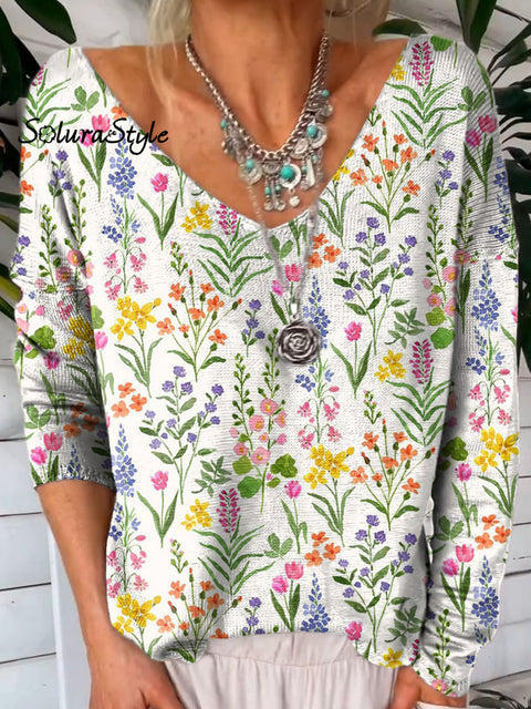 Vibrant Spring Floral Pattern Printed V-Neck Pullover Knit Top Multicolor / S