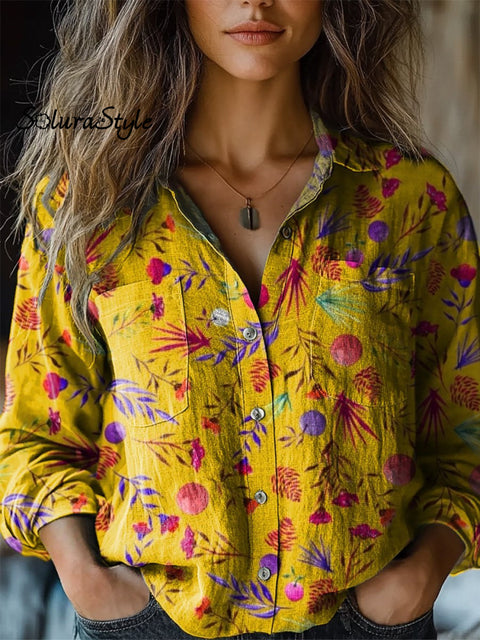 Vibrant Summer Floral Pattern Printed Women’s Casual Long Sleeve Comfortable Cotton Shirt