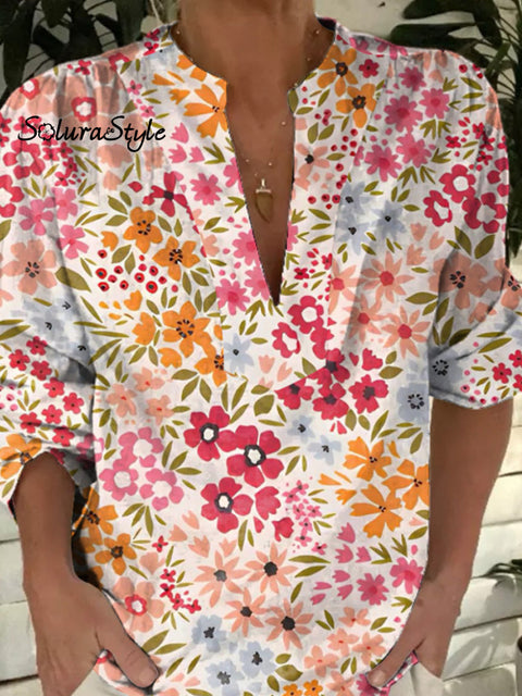 Vibrant Summer Floral Pattern Printed Women’s Casual Short Sleeve Comfortable Cotton Shirt