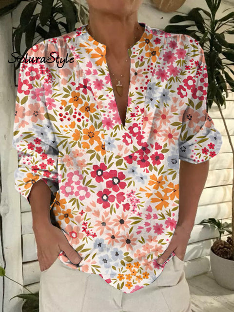 Vibrant Summer Floral Pattern Printed Women’s Casual Short Sleeve Comfortable Cotton Shirt Multicolor / S