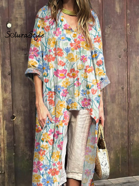 Vibrant Summer Floral Pattern Printed Women’s V-Neck Cotton Short Sleeve Dress