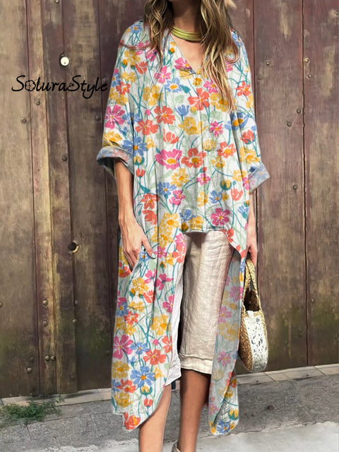 Vibrant Summer Floral Pattern Printed Women’s V-Neck Cotton Short Sleeve Dress Multicolor / S