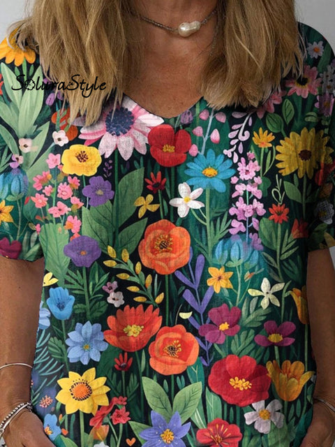 Vibrant Summer Garden Art Printed Women’s Casual Cotton And Linen Shirt