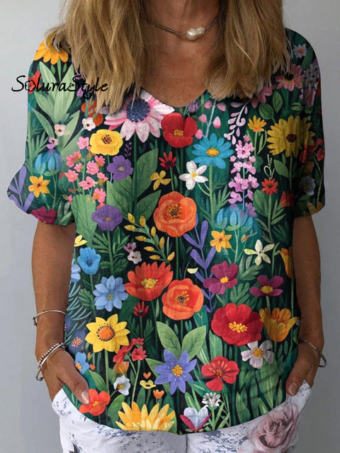 Vibrant Summer Garden Art Printed Women’s Casual Cotton And Linen Shirt Multicolor / S
