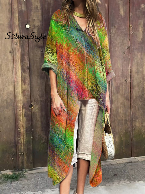 Vibrant Summer Ombre Pattern Printed Women’s Short Front And Long Back V-Neck Top Multicolor / S