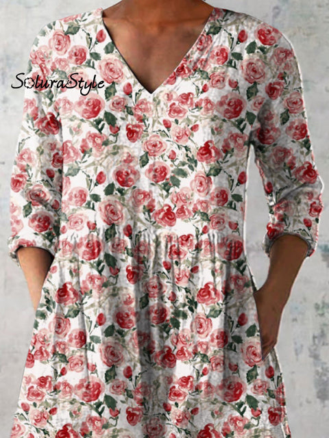 Watercolor French Rose Pattern Printed Women’s Casual Linen V-Neck Shirt