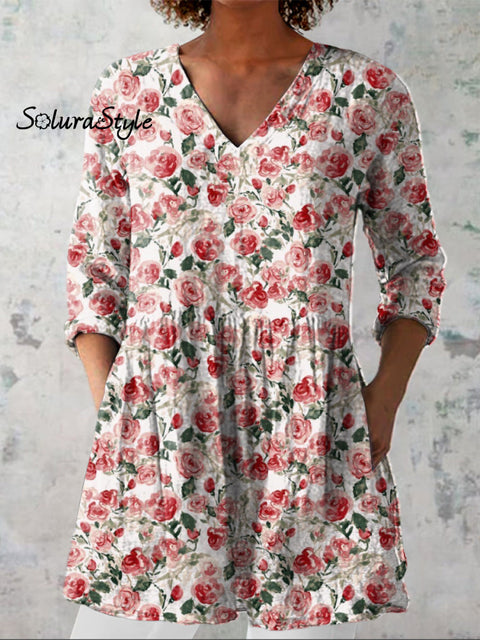Watercolor French Rose Pattern Printed Women’s Casual Linen V-Neck Shirt Multicolor / S