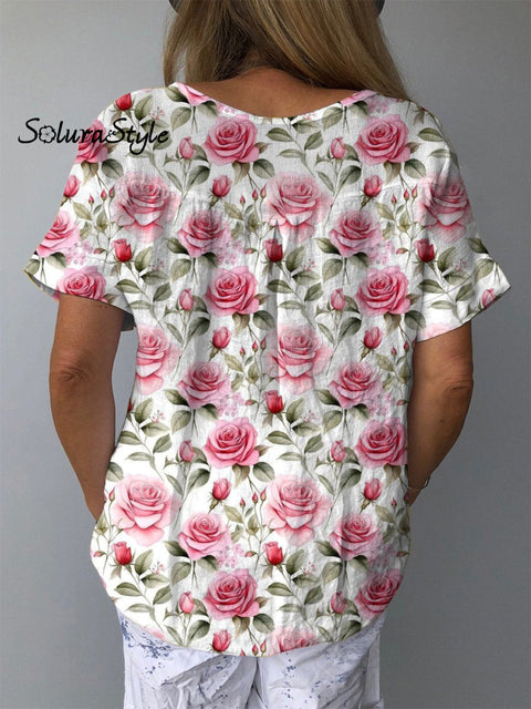 Watercolor Pink French Rose Pattern Printed Women’s Casual Cotton And Linen Shirt