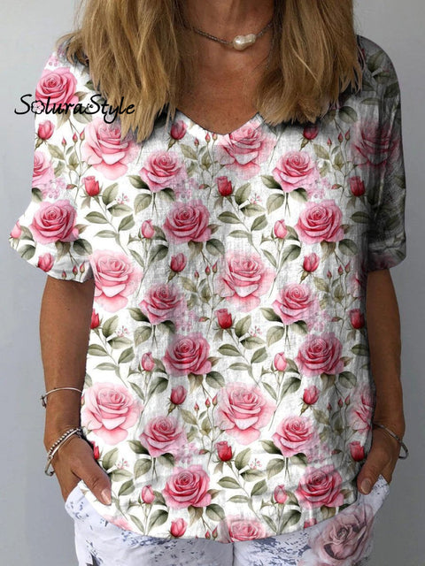 Watercolor Pink French Rose Pattern Printed Women’s Casual Cotton And Linen Shirt Multicolor / S