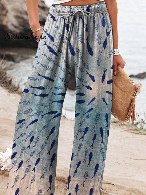 Watercolor Sardine Fish Swarm Art Printed Women’s Cotton And Linen Casual Pants