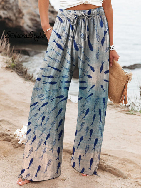 Watercolor Sardine Fish Swarm Art Printed Women’s Cotton And Linen Casual Pants Multicolor / S