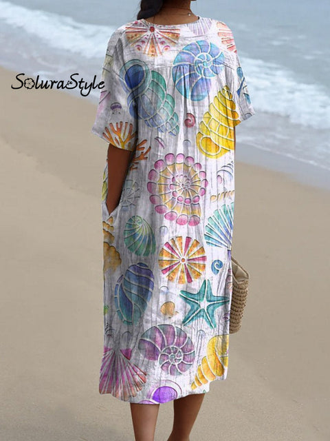 Watercolor Seashell Pattern Printed Women’s Flowy Dress