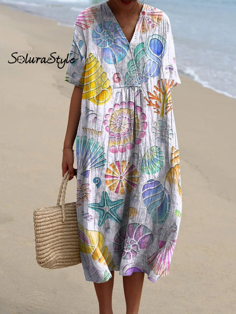Watercolor Seashell Pattern Printed Women’s Flowy Dress Multicolor / S