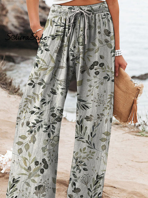 Watercolor Spring Bough Pattern Printed Women’s Cotton And Linen Casual Pants
