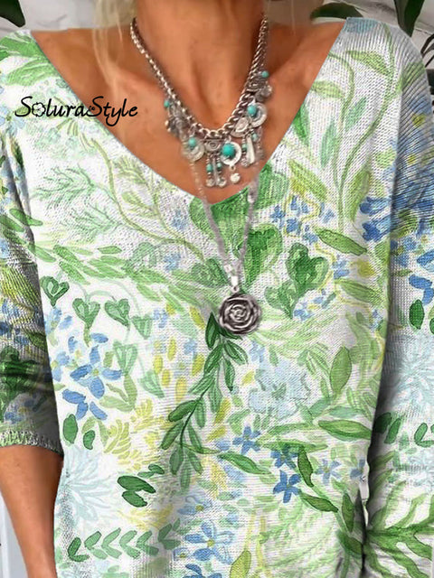 Watercolor Spring Field Pattern Printed V-Neck Pullover Knit Top