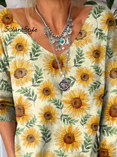 Watercolor Sunflower Pattern Printed V-Neck Pullover Knit Top