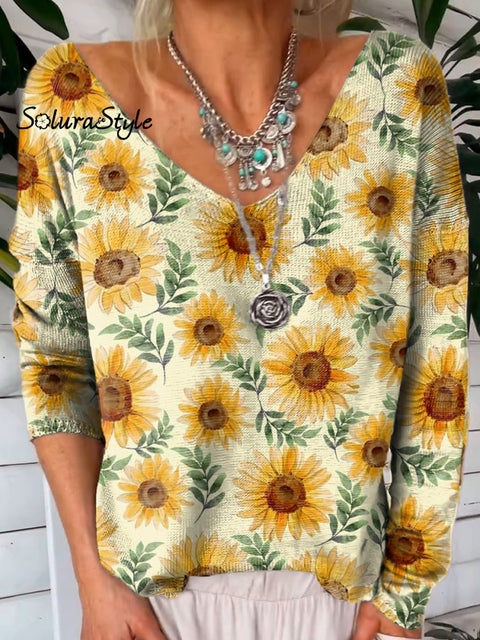 Watercolor Sunflower Pattern Printed V-Neck Pullover Knit Top Multicolor / S