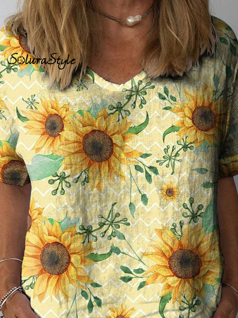 Watercolor Sunflower Pattern Printed Women’s Casual Cotton And Linen Shirt