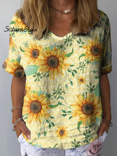 Watercolor Sunflower Pattern Printed Women’s Casual Cotton And Linen Shirt Multicolor / S