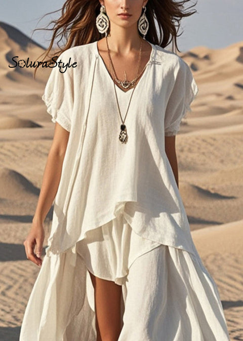 White Cotton Long Dress Asymmetrical Exra Large Hem Summer 2025-Spring-Summer-Linen