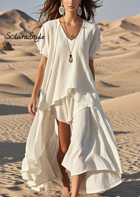White Cotton Long Dress Asymmetrical Exra Large Hem Summer 2025-Spring-Summer-Linen