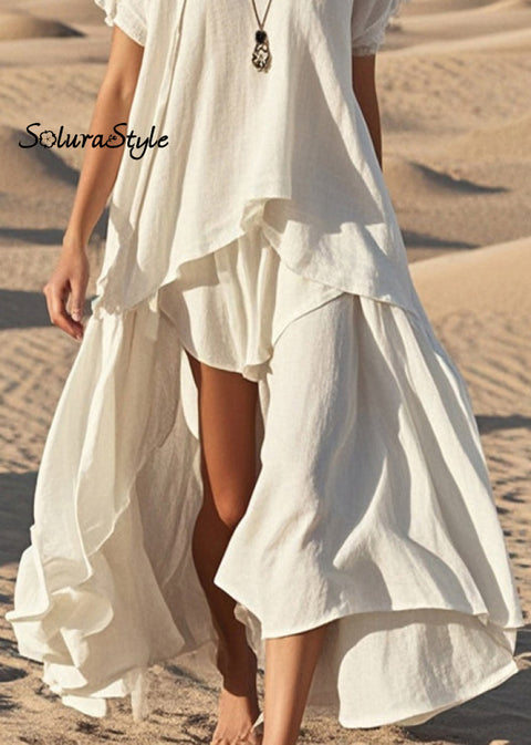 White Cotton Long Dress Asymmetrical Exra Large Hem Summer 2025-Spring-Summer-Linen