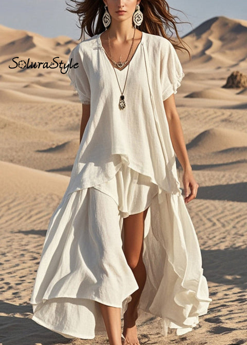 White Cotton Long Dress Asymmetrical Exra Large Hem Summer 2025-Spring-Summer-Linen