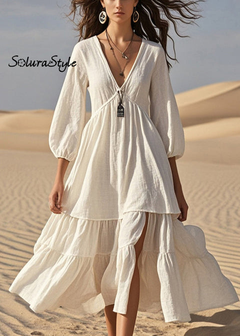 White Patchwork Cotton Maxi Dress Side Open Bracelet Sleeve 2025-Spring-Summer-Linen