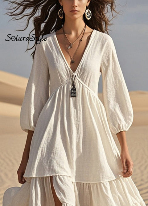 White Patchwork Cotton Maxi Dress Side Open Bracelet Sleeve 2025-Spring-Summer-Linen