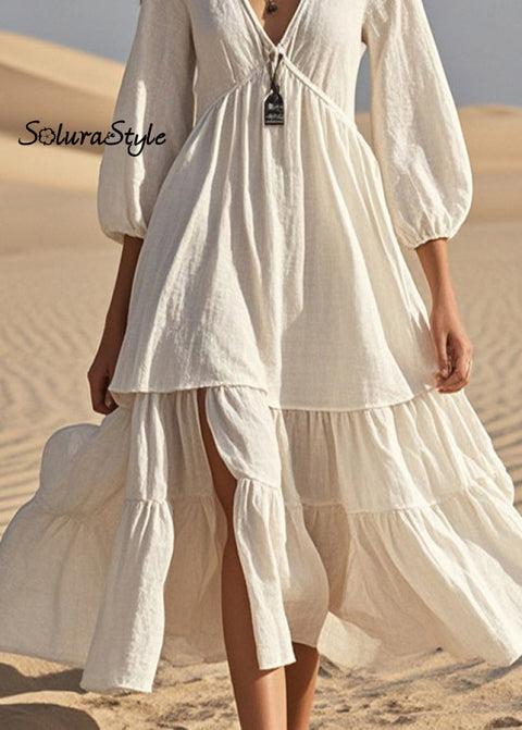 White Patchwork Cotton Maxi Dress Side Open Bracelet Sleeve 2025-Spring-Summer-Linen