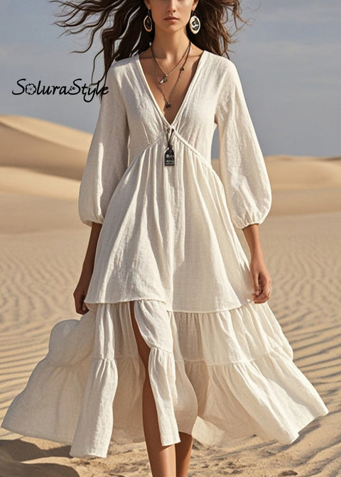 White Patchwork Cotton Maxi Dress Side Open Bracelet Sleeve 2025-Spring-Summer-Linen