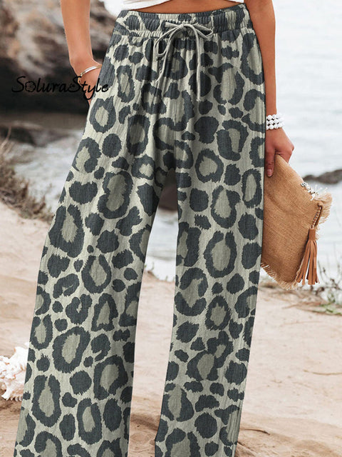 Wild Leopard Print Pattern Printed Women’s Cotton And Linen Casual Pants