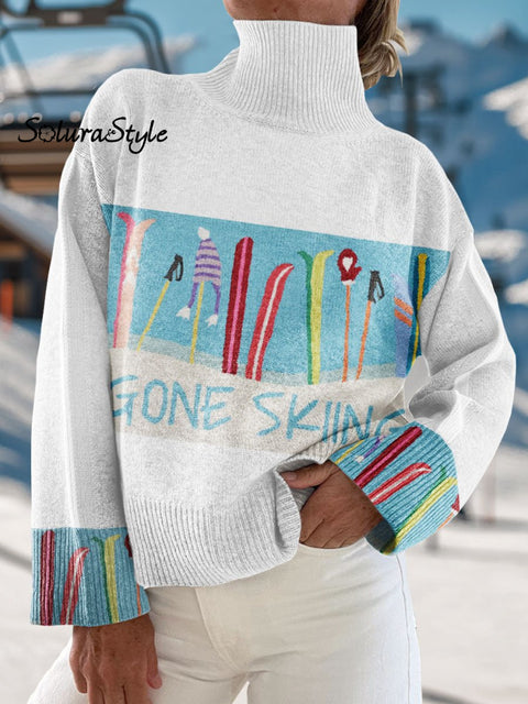 Winter Skiing Art Print Knit Turtleneck Pullover Sweater Multicolor / S