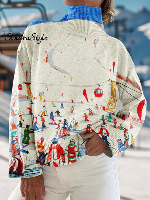 Winter Skiing Art Print Knit Turtleneck Pullover Sweater Multicolor / S