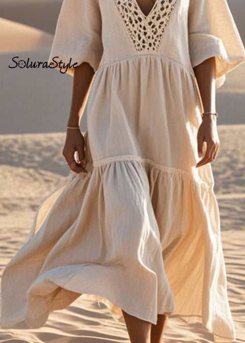 Women Beige Hollow Out Patchwork Cotton Loose Dress Summer 2025-Spring-Summer-Linen