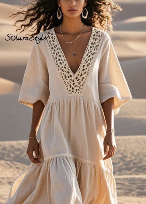 Women Beige Hollow Out Patchwork Cotton Loose Dress Summer 2025-Spring-Summer-Linen