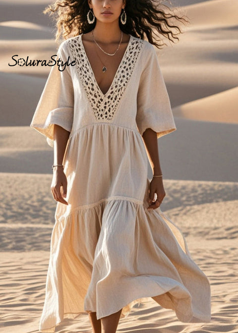 Women Beige Hollow Out Patchwork Cotton Loose Dress Summer 2025-Spring-Summer-Linen