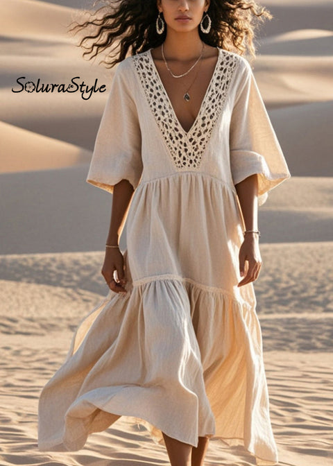 Women Beige Hollow Out Patchwork Cotton Loose Dress Summer 2025-Spring-Summer-Linen