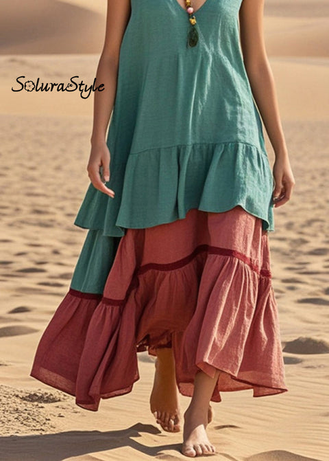 Women Green Oversized Patchwork Cotton Ankle Dress Summer 2025-Spring-Summer-Linen