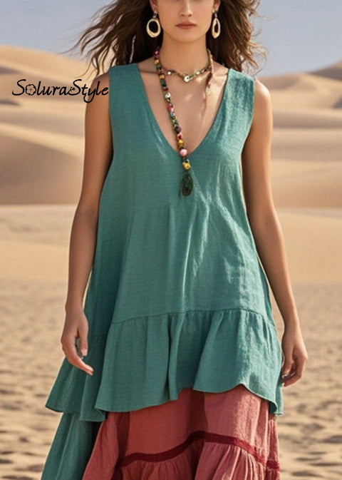 Women Green Oversized Patchwork Cotton Ankle Dress Summer 2025-Spring-Summer-Linen