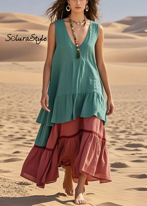 Women Green Oversized Patchwork Cotton Ankle Dress Summer 2025-Spring-Summer-Linen